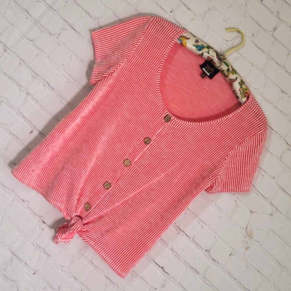 W5 Red & White Stripe Wood Button Front Tie Rockabilly Tee Tshirt Womens Size M - Picture 9 of 16